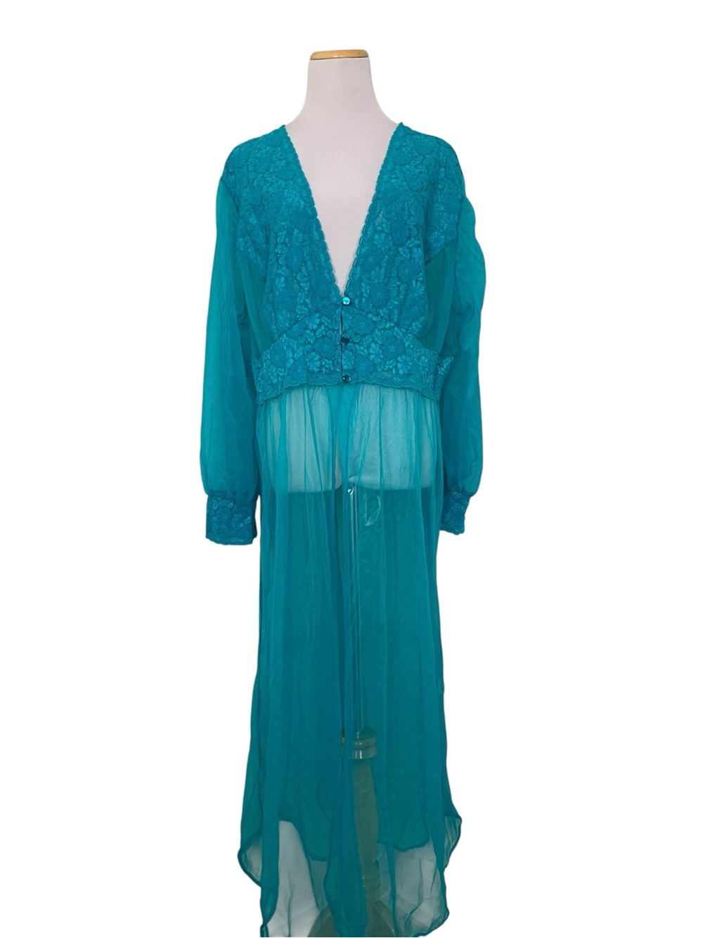 Amoureuse Semi Sheer Peignoir Lace Gown Turquoise Women’s 3X 100% Nylon Long